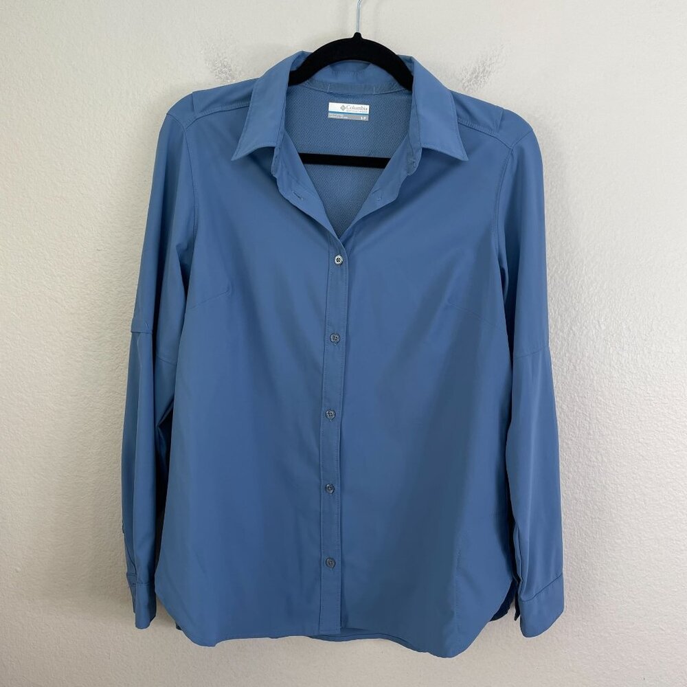 Columbia Womens Small Blue Button Up‎ Shirt Roll Tab Sleeve Outdoors Hiking